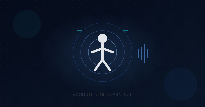 Illustration accessibilité numérique : silhouette universelle entourée d'anneaux de contraste et de repères de navigation clavier